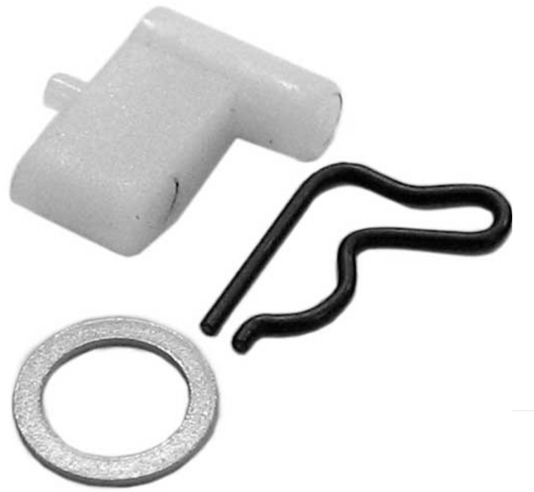 Mechanical parts including a white cylindrical component, black curved piece, and metal washer on a white background.